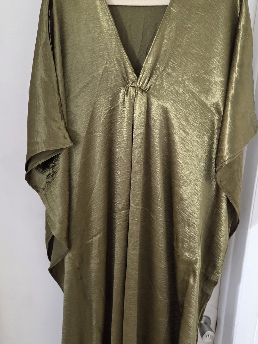 Martina x Mascarpone Metallic Olive Green Satin Maxi Kaftan Dress Tunic One Size
